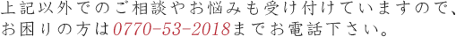 上記以外でのご相談やお悩みも受け付けていますので、お困りの方は0770-53-2018までお電話下さい。